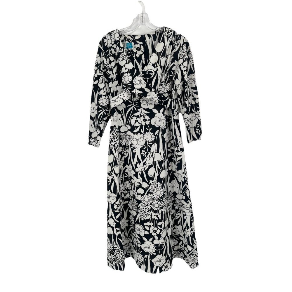 Vtg 70s Floral Black White Maxi Dress Floral Go Go Mod Sz S/M Boho Festival